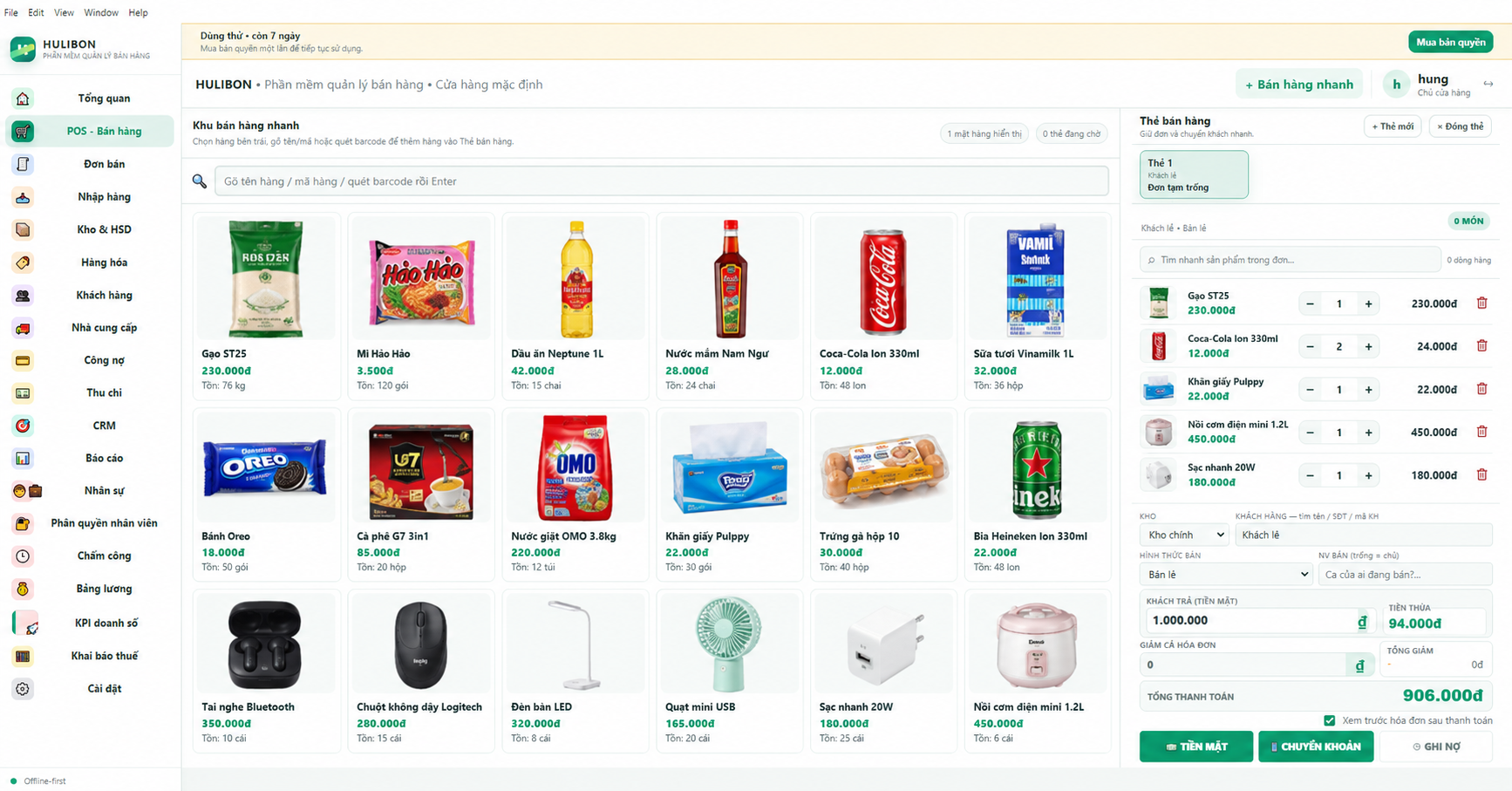 Demo POS HULIBON cho siêu thị mini và tạp hóa